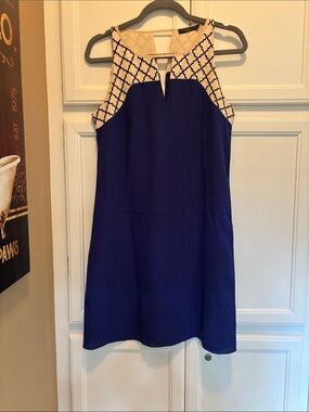 Navy Blue Sleeveless Shift Dress with Cream Lattice Yoke